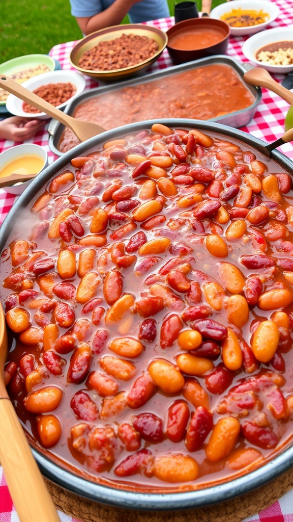 A hearty serving of baked beans in a rustic dish, surrounded by picnic-themed decor.